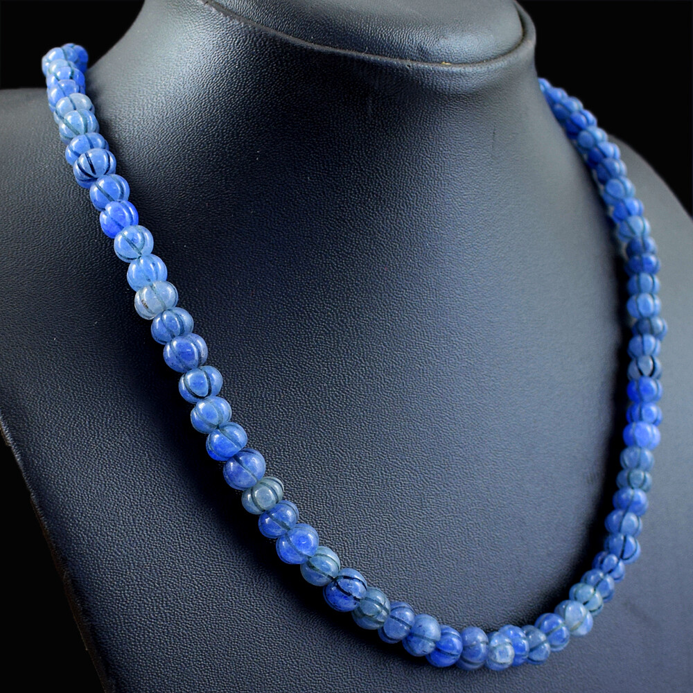 211.00 Cts Earth Mined Blue Sapphire Flower Carved Beads Necklace NK 21E100