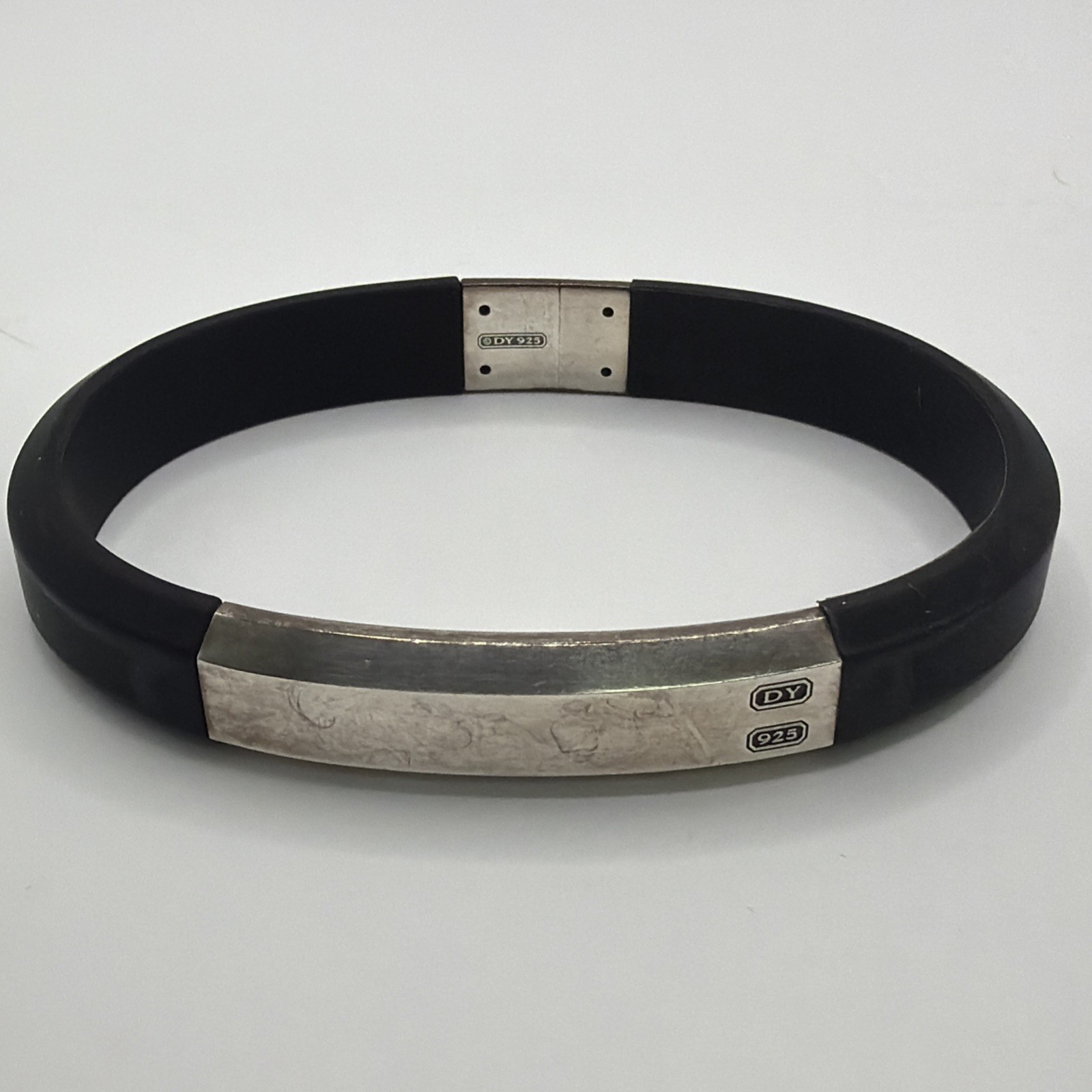 David Yurman 925 Sterling Silver Streamline ID Black Rubber Bracelet 7.5”