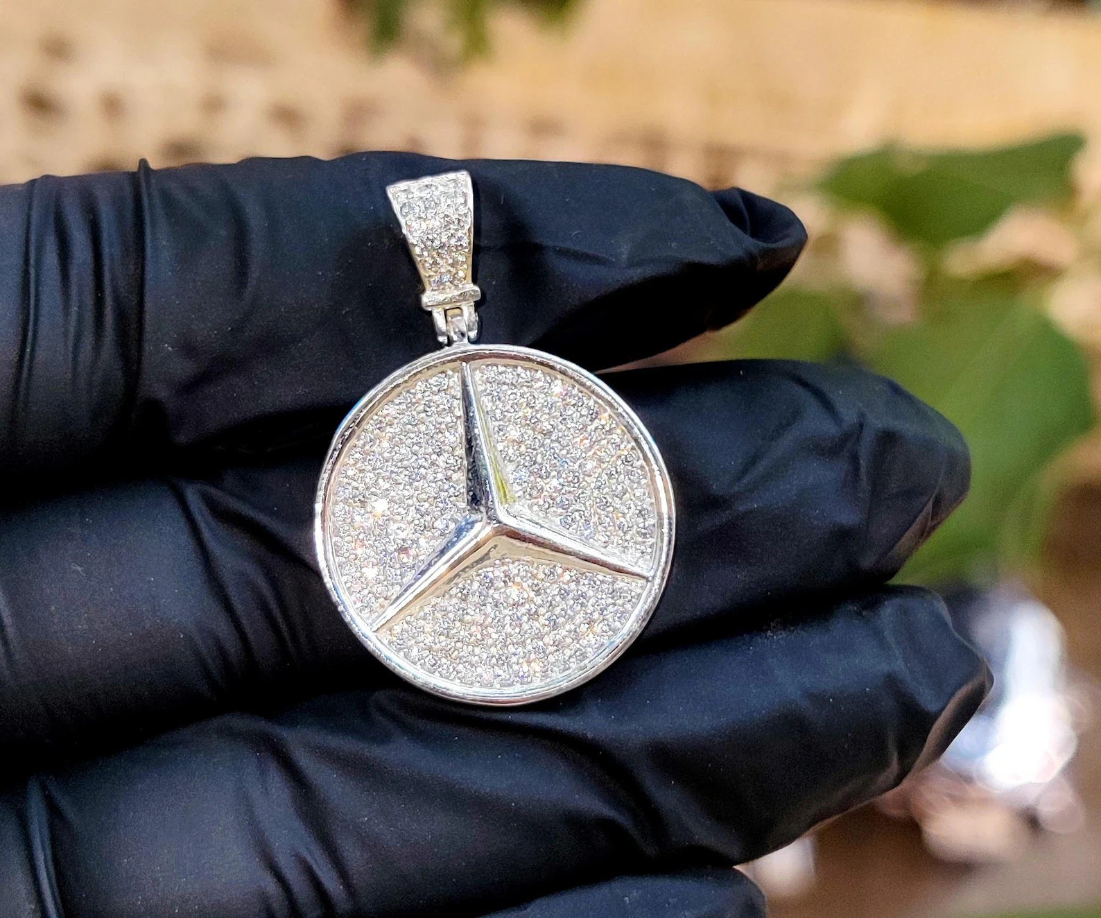 5Ct Round Cut Lab-Created Diamond Hip Hop Mercedes Pendant 14K White Gold Plated