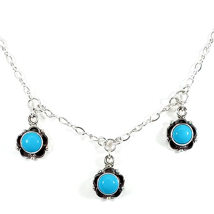 Vintage 925 Sterling Silver Sleeping Beauty Turquoise Flower Drop Necklace