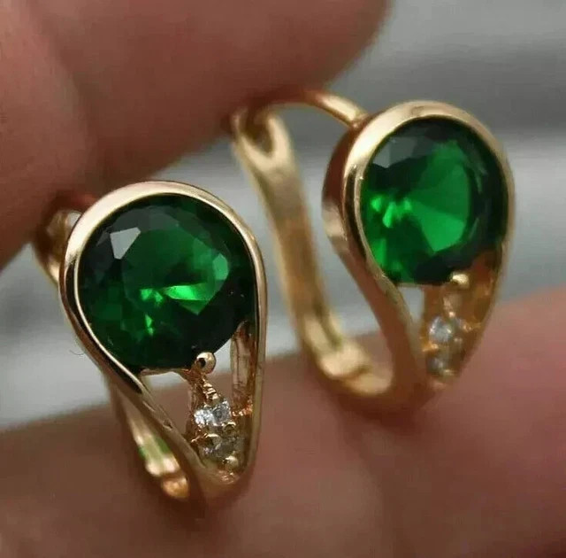 Gorgeous Round Cut Lab Created Emerald Hoop Earrings In 14K Yellow Gold Plated