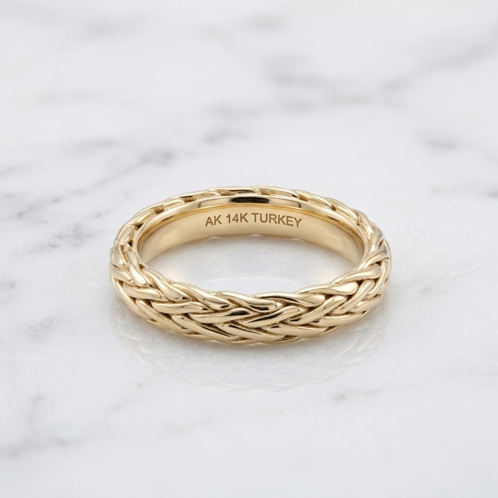 Size 8 Shiny Wheat Spiga Woven Band Ring Real 14K Yellow Gold QVC