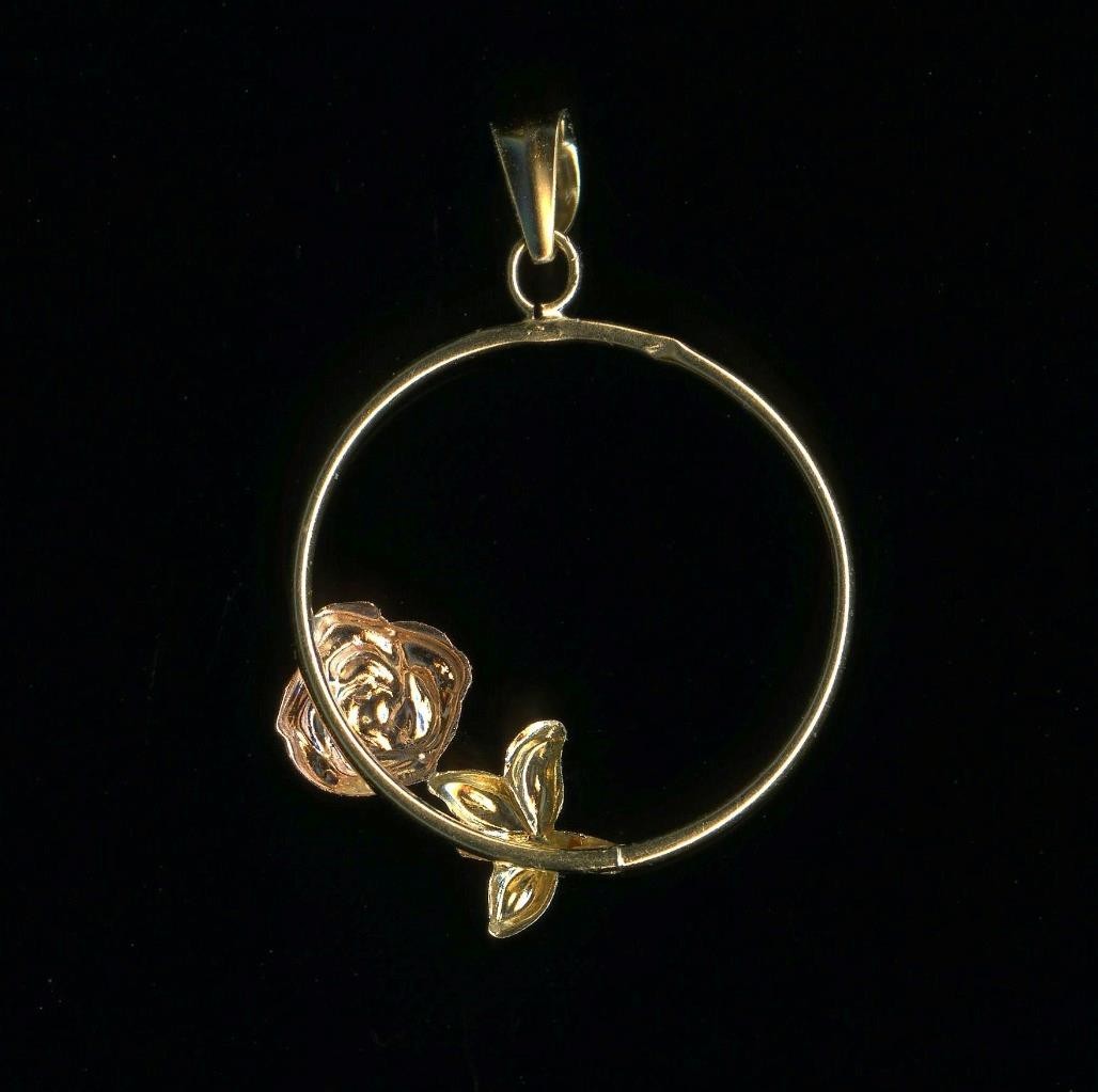14K 27mm Solid Yellow & Rose Gold Circle Hoop Leaf Petal Wreath Pendant (EX