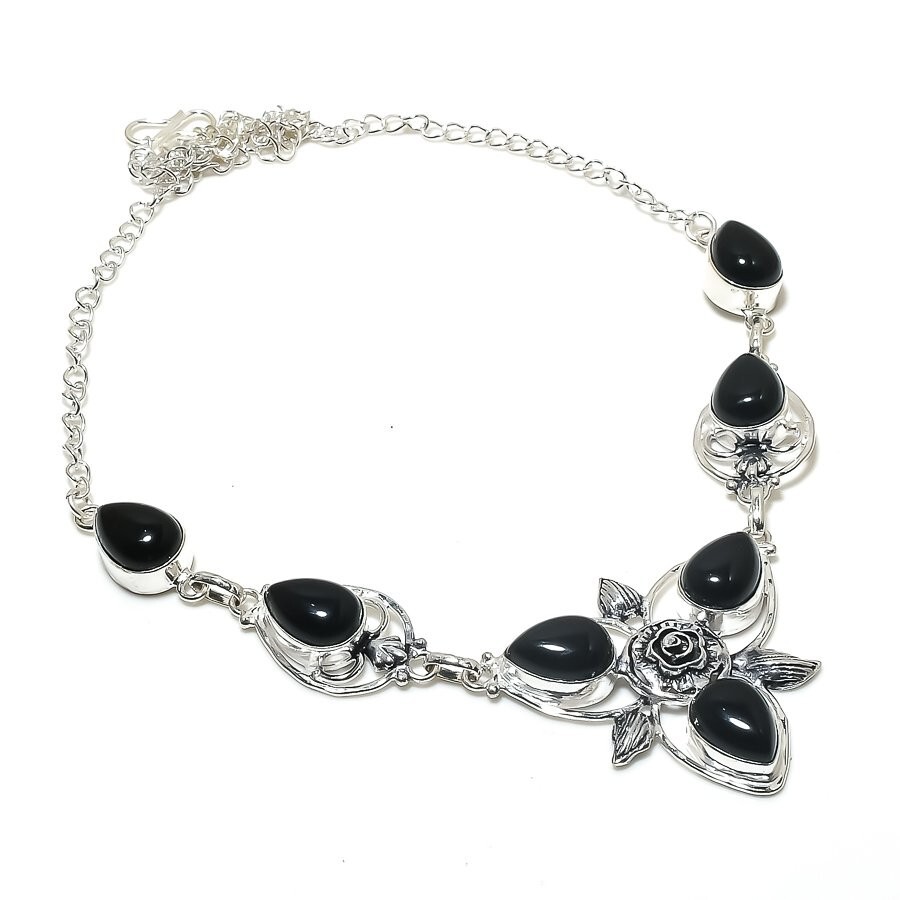 Black Onyx Gemstone Handmade 925 Sterling Silver Jewelry Necklace Size 18″