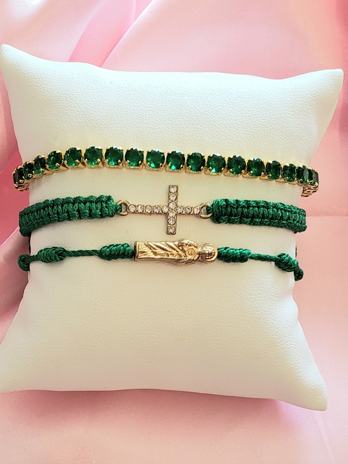 Bracelet 3 Pc. Green Religious Adjustable Set (K1)