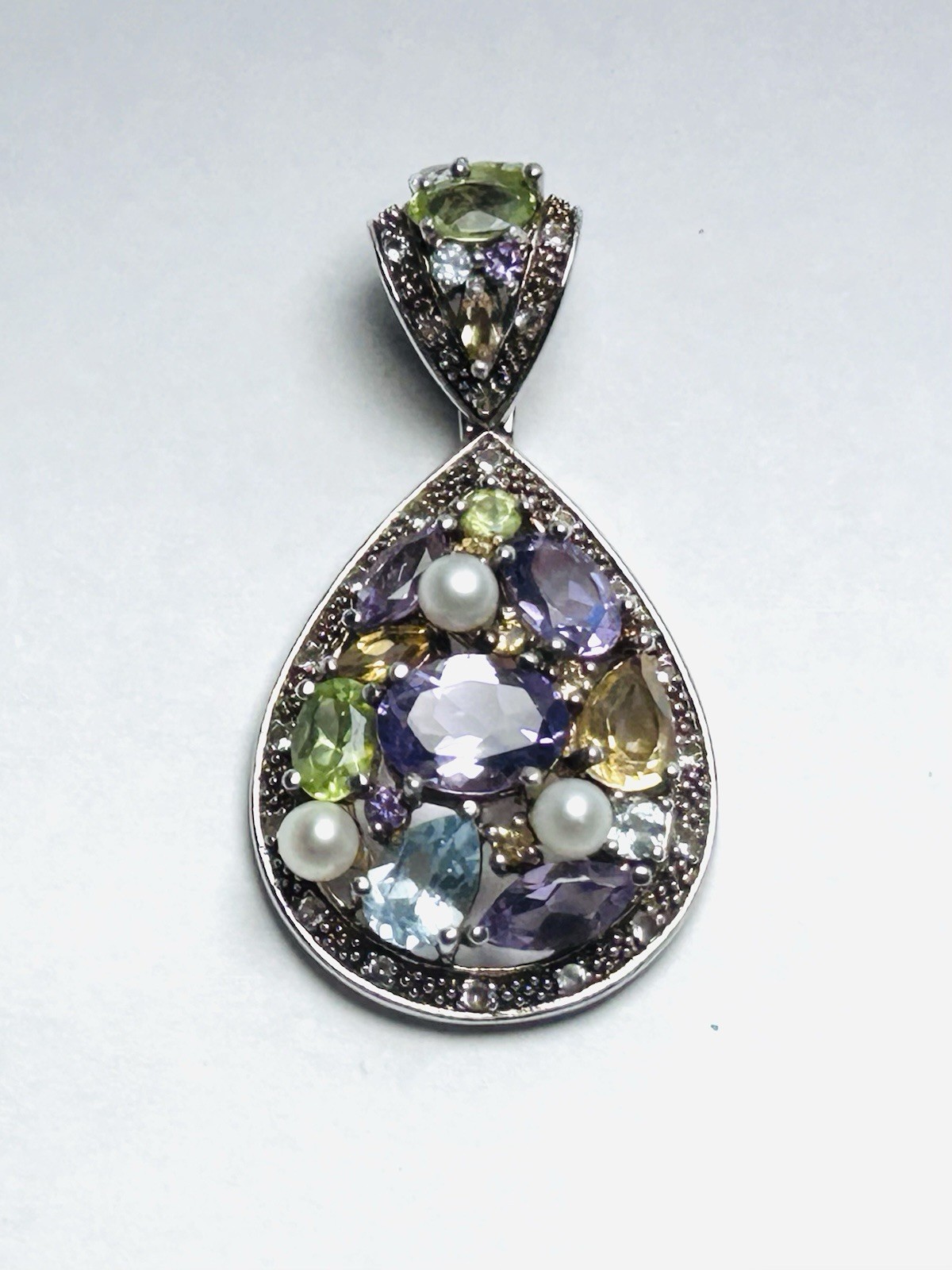 .925 Sterling Silver Multi Gems Teardrop Pendant Amethyst Citrine Peridot Pearls