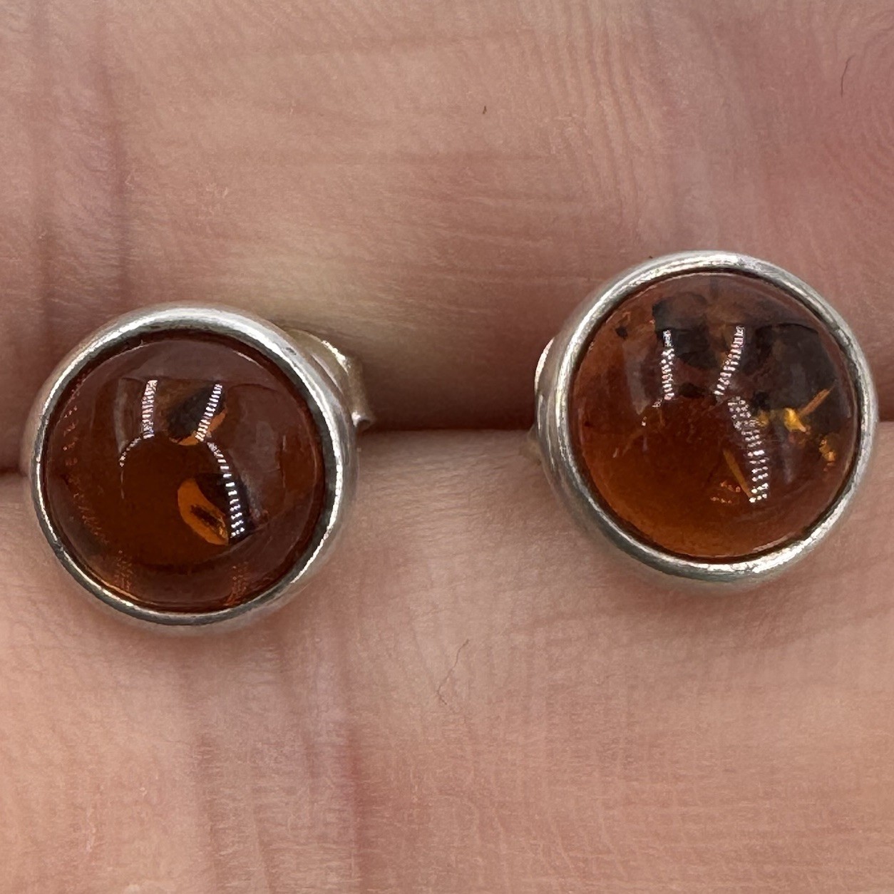 925 sterling silver amber earrings round cabochon studs