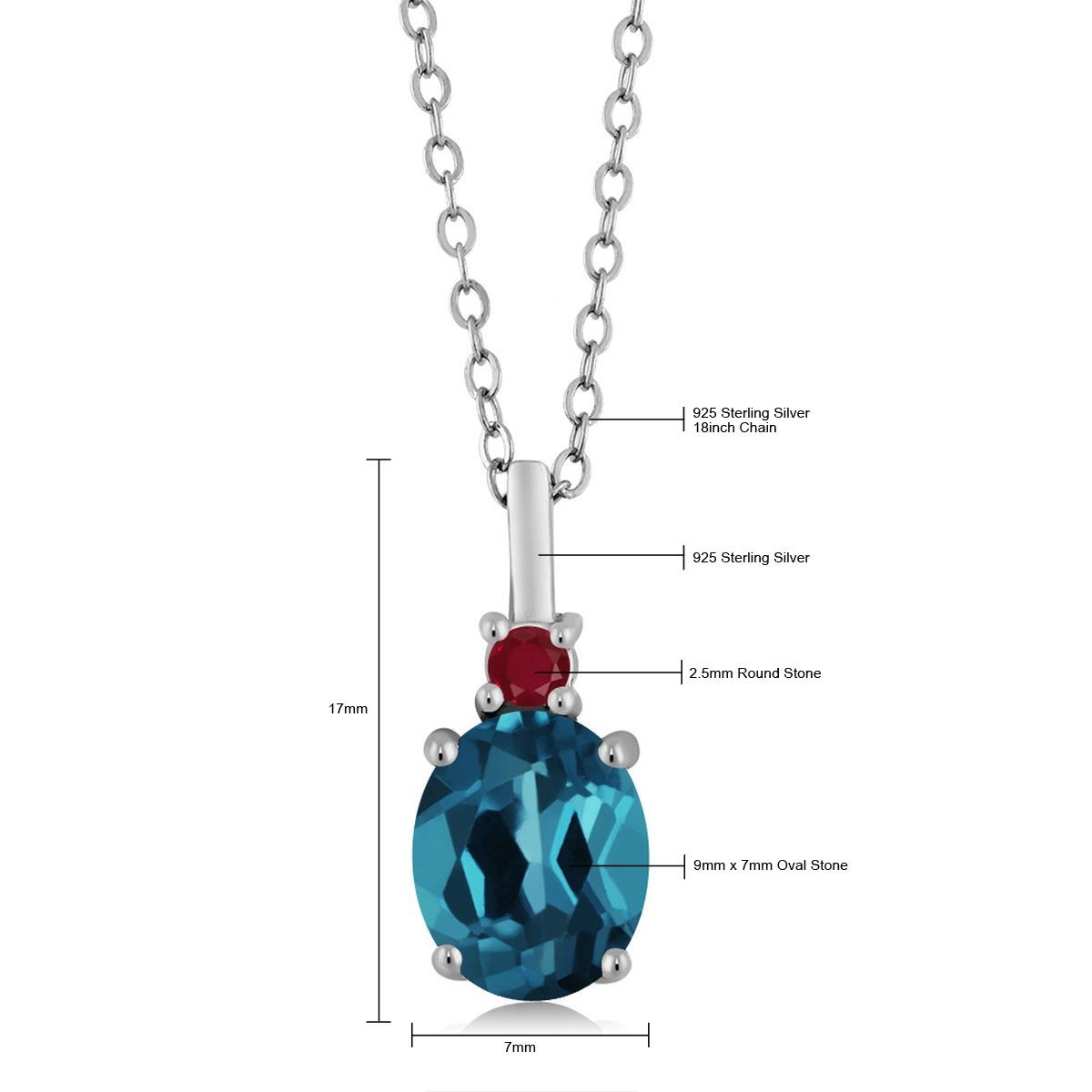 1.92 Ct Oval London Blue Topaz Red Ruby 925 Sterling Silver Pendant