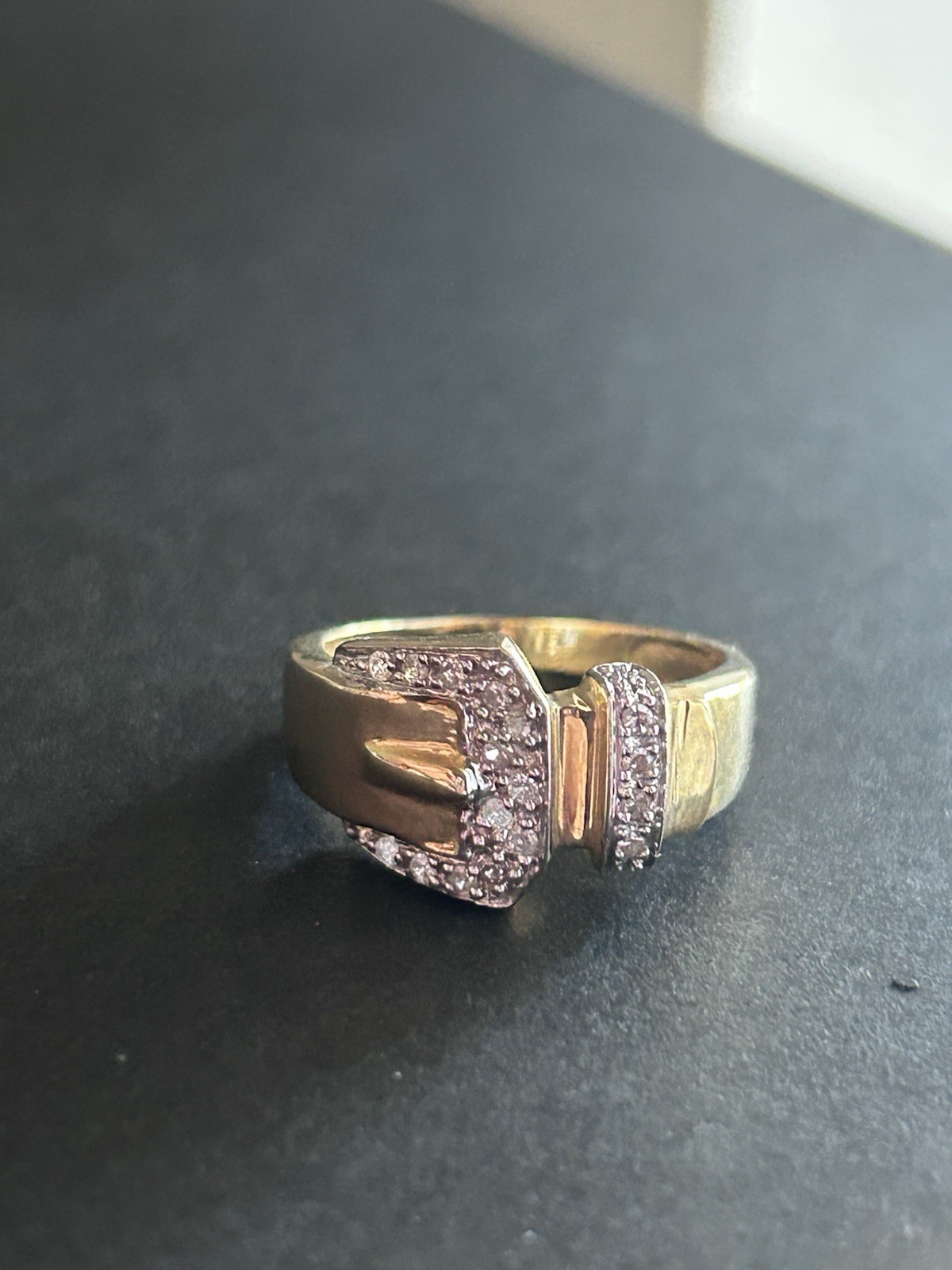 14k Yellow & White Gold Buckle Ring – Natural Diamonds .16ctw Size 6– Signed