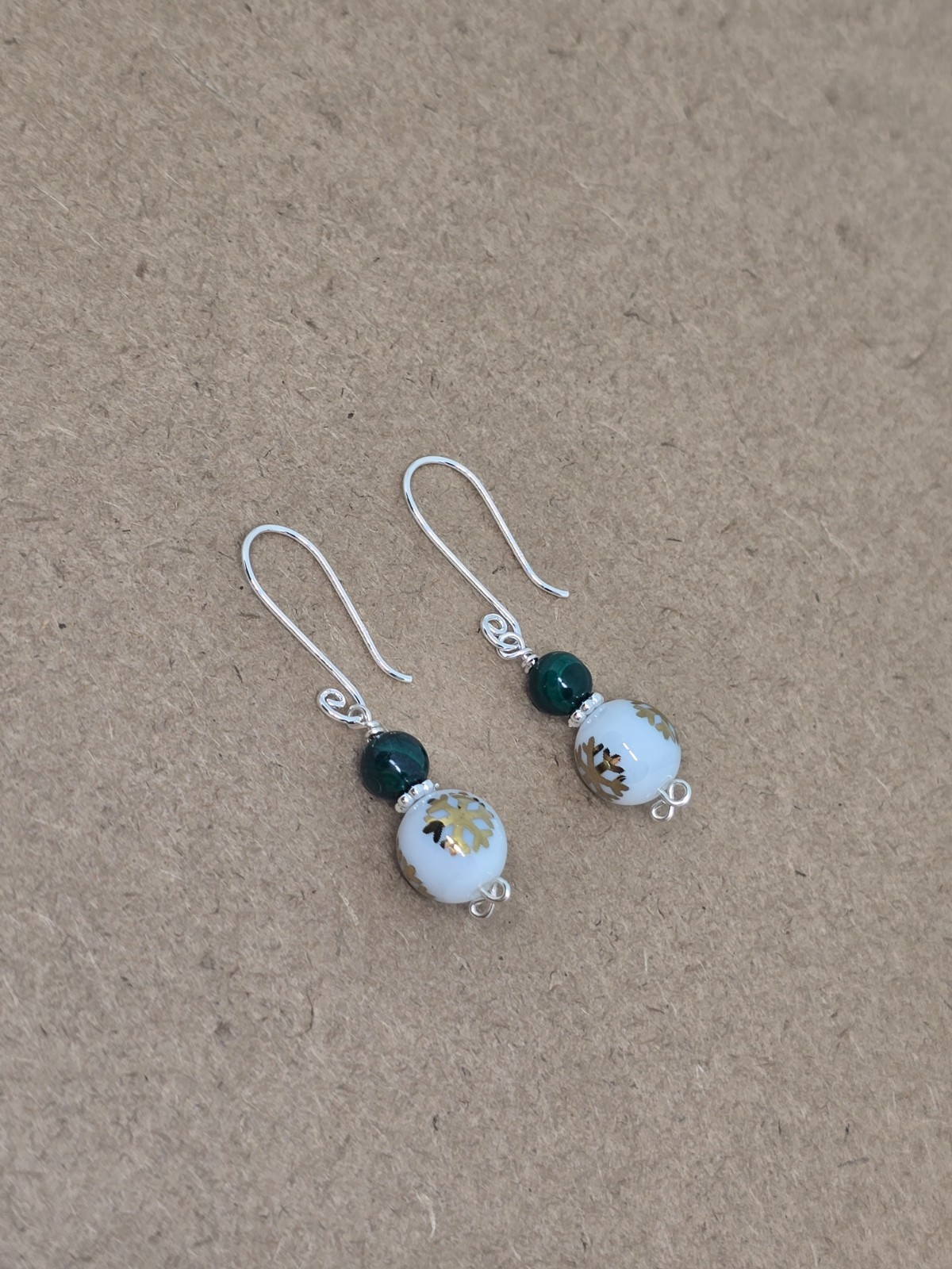 925 Sterling Silver Malachite and White Austria Crystal Drop Dangle Earrings