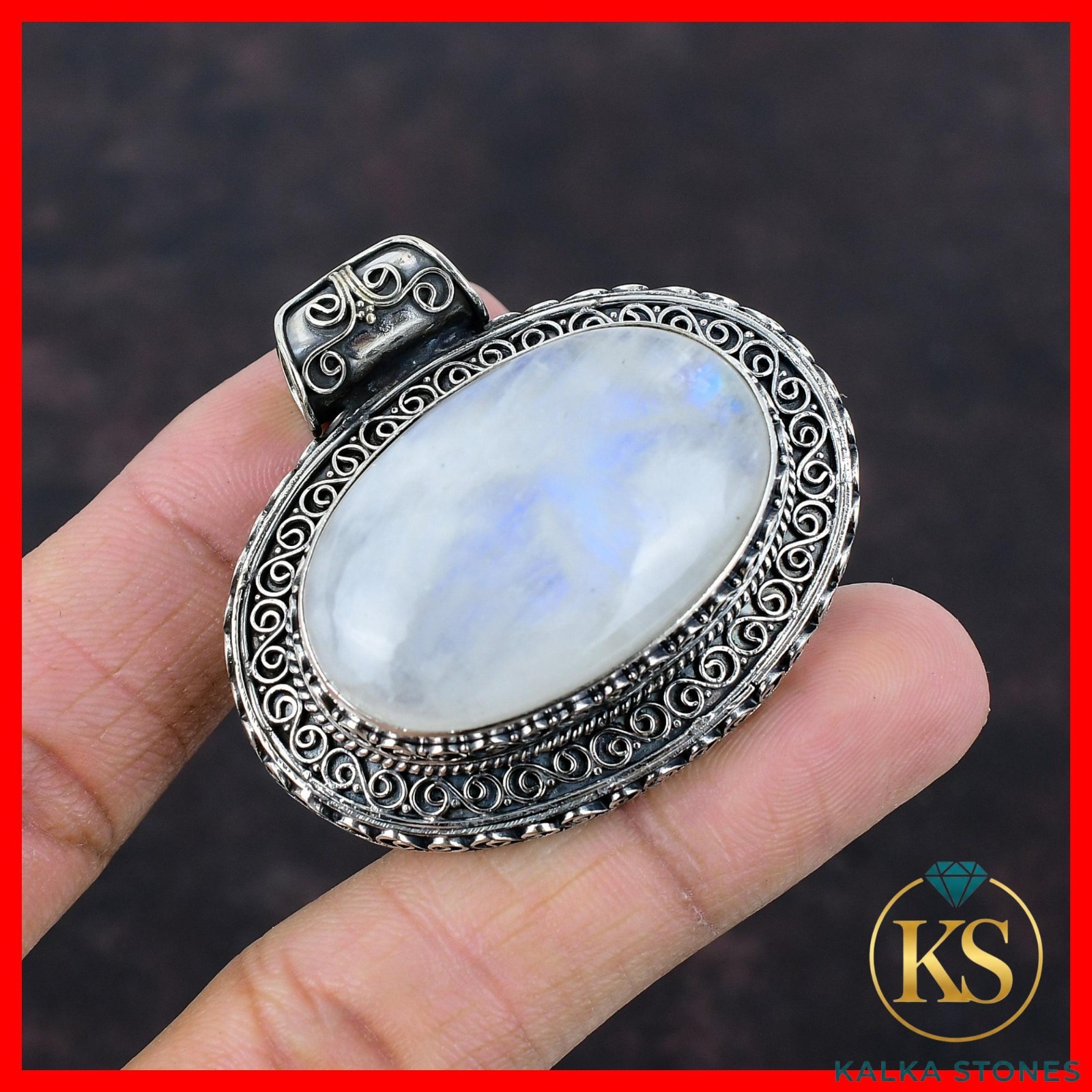 Oval Natural Rainbow Moonstone 925 Silver Vintage Crown Chakra Pendant Jewelry