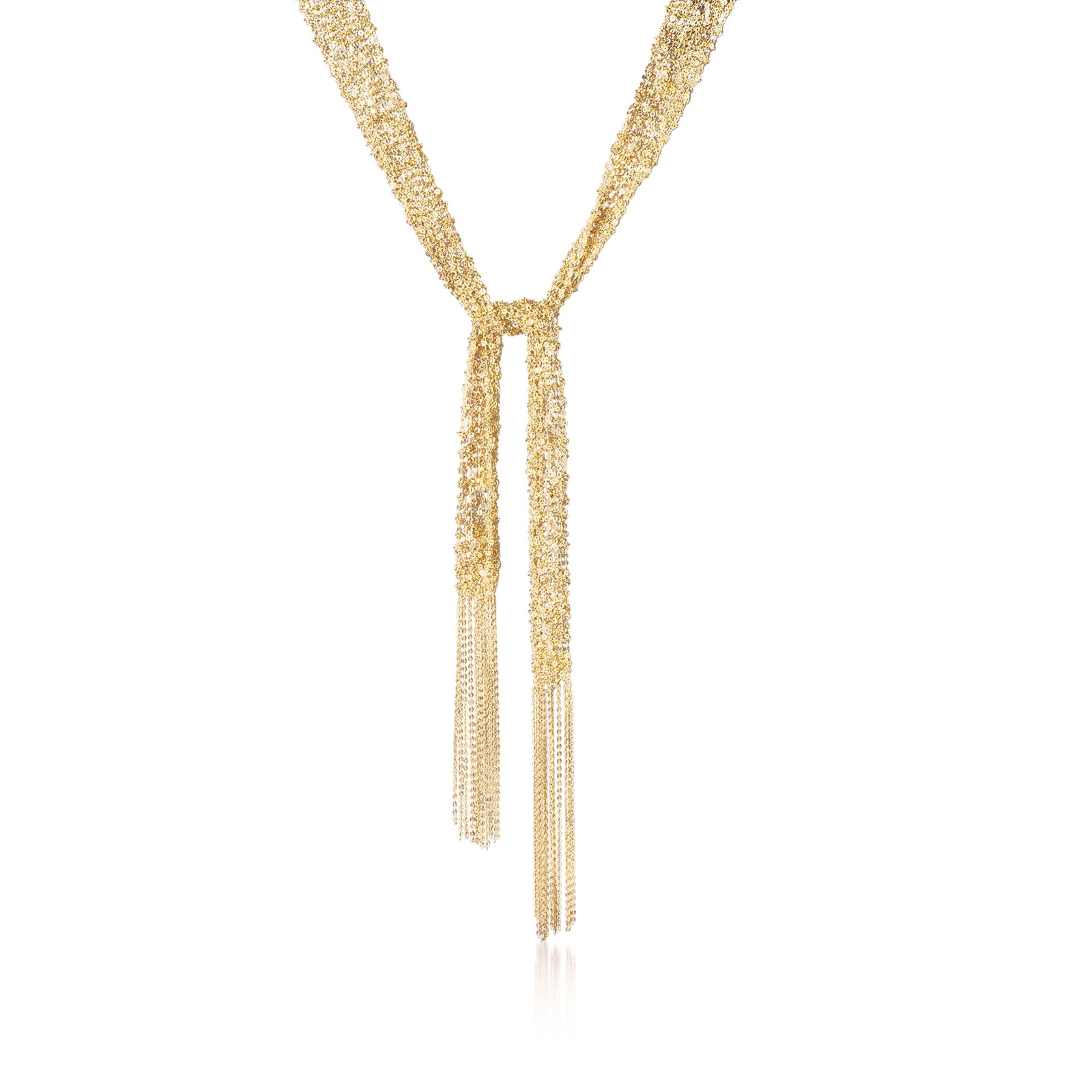 Ross-Simons Italian 18kt Gold Over Sterling Silver Mesh Tie Necklace. 32 inches