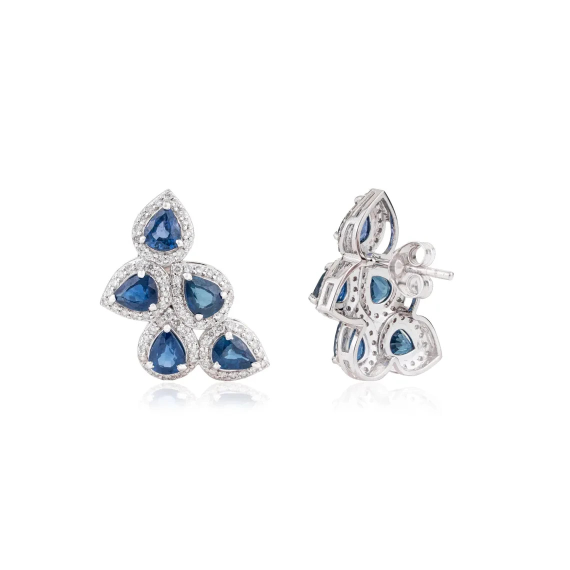 September Birthstone Stud Earrings Pear Natural Sapphire & Diamond 14k Gold