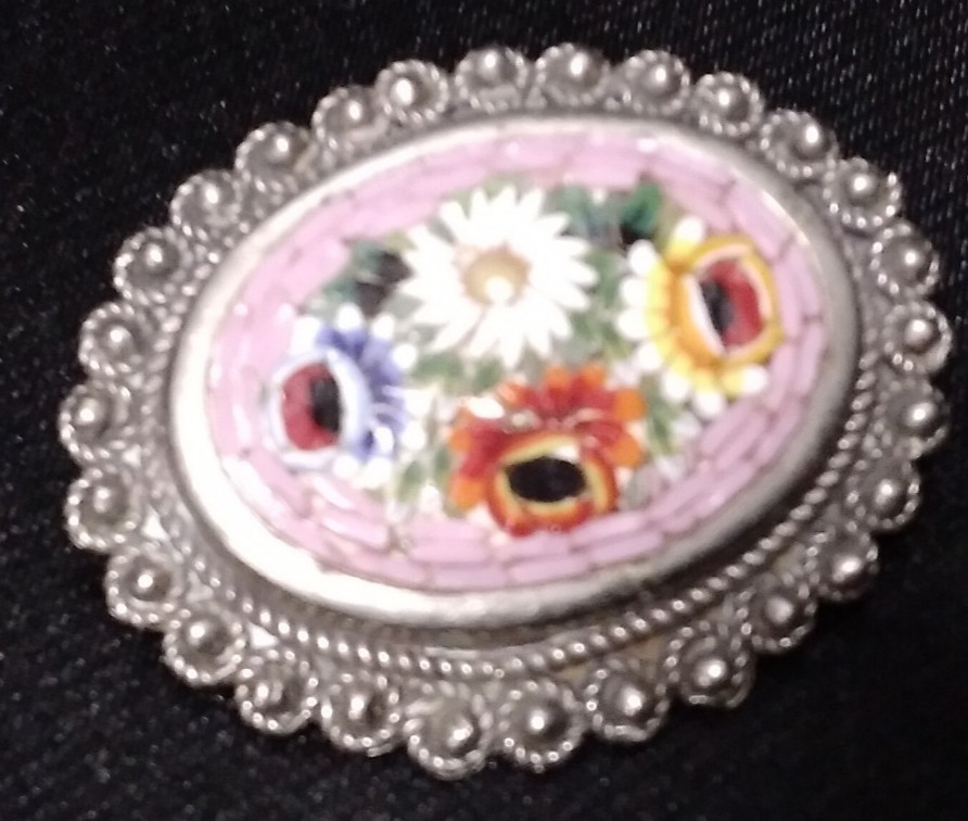 Vintage Italian Silver Unusual Color Micro Mosaic Floral Brooch Pin