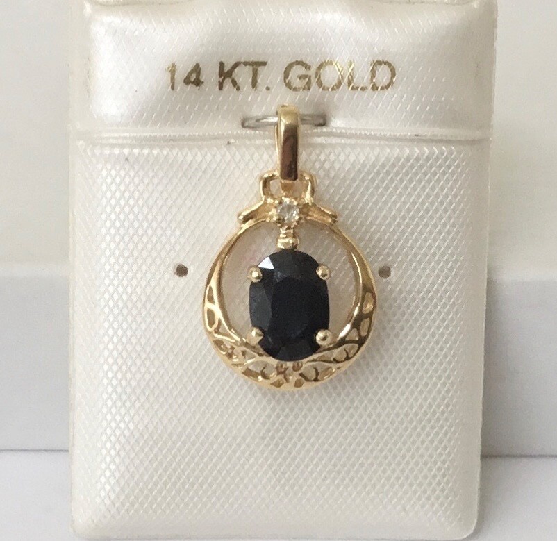 Genuine Blue Sapphire Precious Stone & Diamond 14K Solid Yellow Gold Pendant NEW