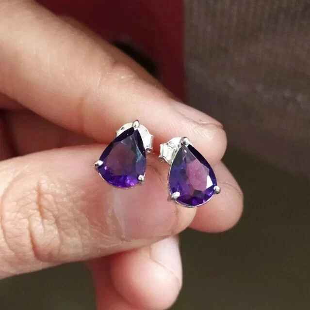 2 Ct Pear Lab Created Amethyst Solitaire Stud Earrings 14K White Gold Plated