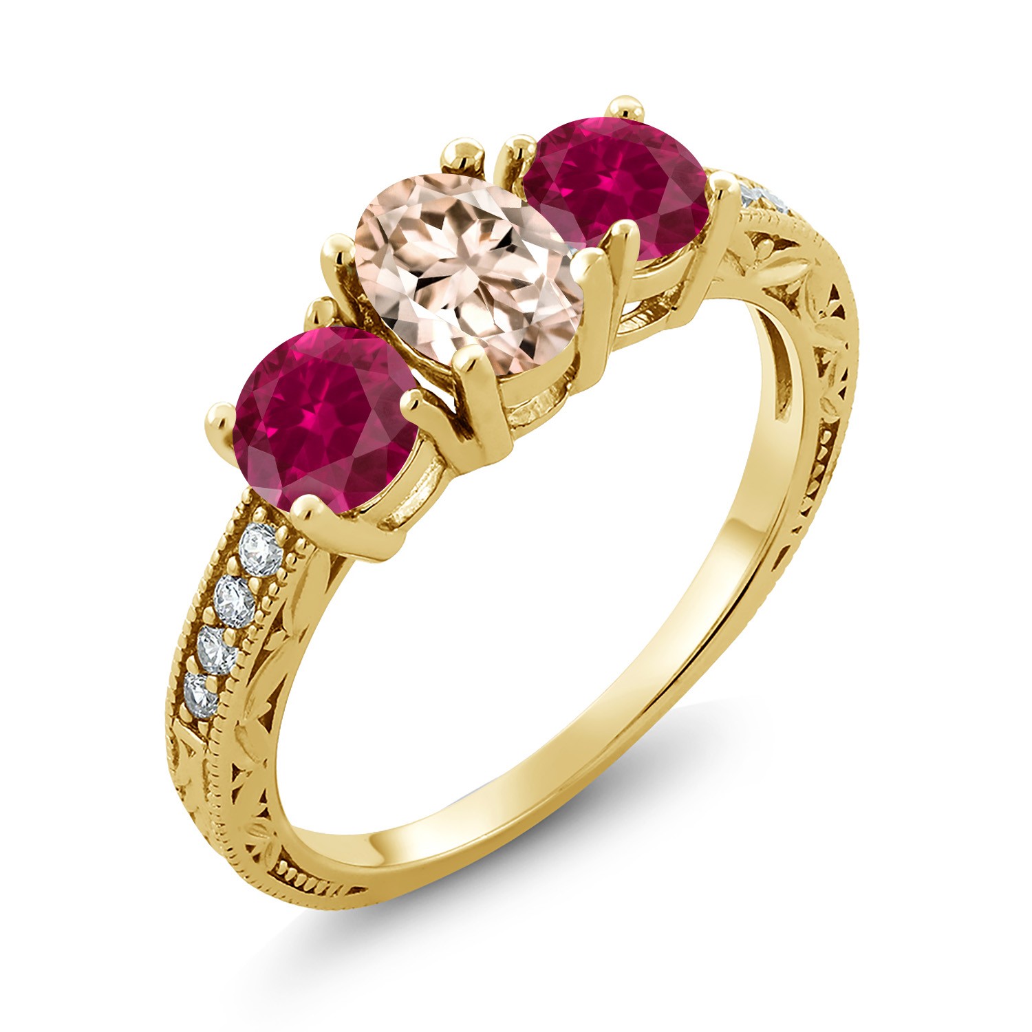 2.77 Ct Oval Peach Morganite Red Created Ruby 18K Yellow Gold Plated Silver Ring
