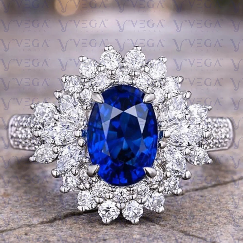 6.80carat Oval Cut Natural Sapphire & Diamond Wedding Ring 18K White Gold Plated