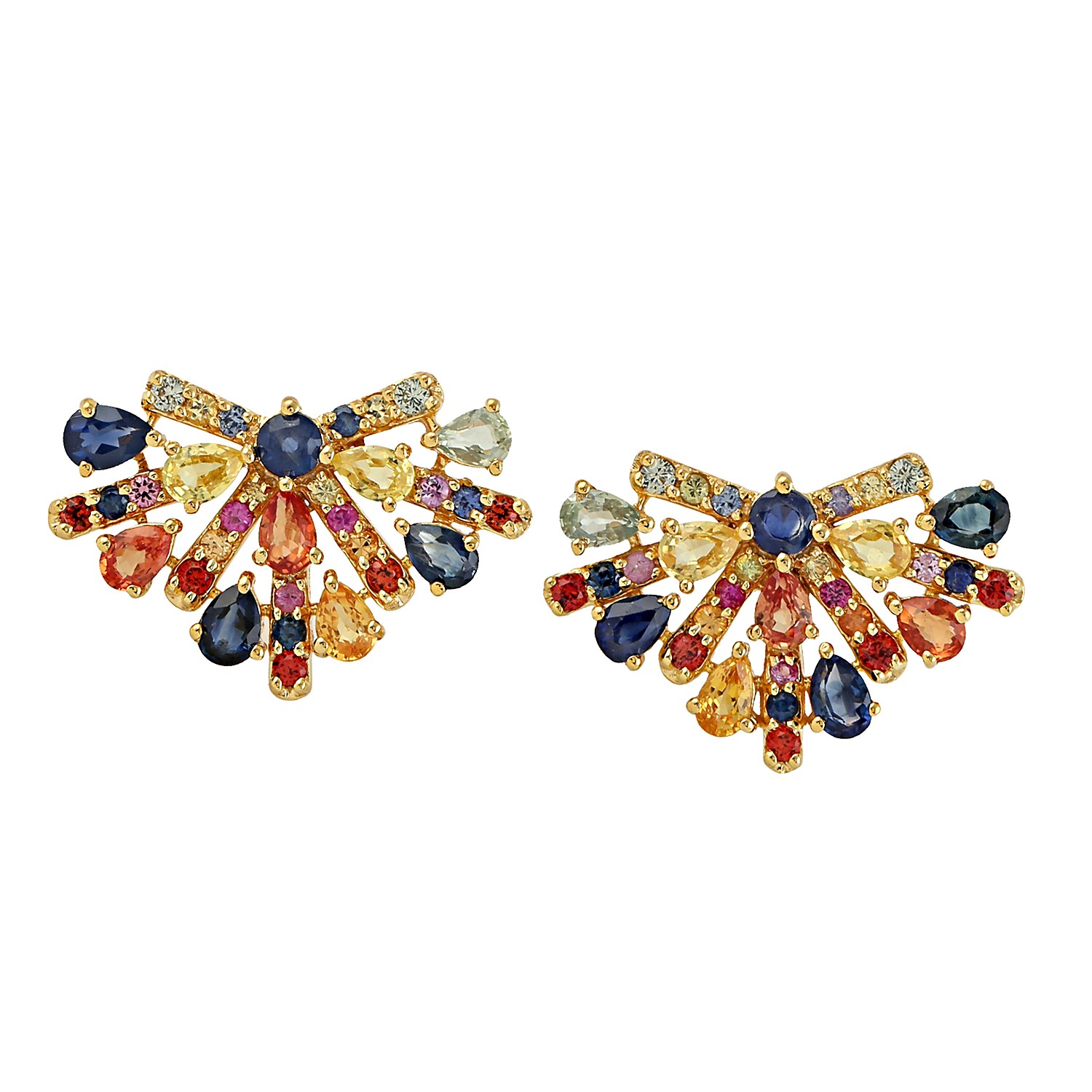 18k Yellow Gold Multi Sapphire Stud Earrings Handmade Jewelry For Women