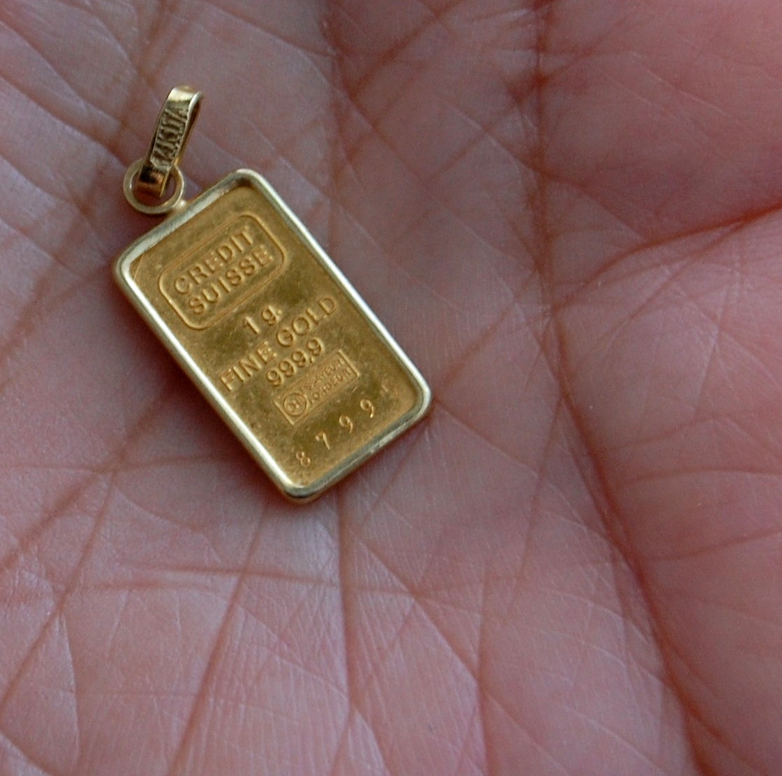 14K Gold Swiss Credit Suisse Bar 1g Pendant 999.9 Fine Gold Bezel Set 1.32g