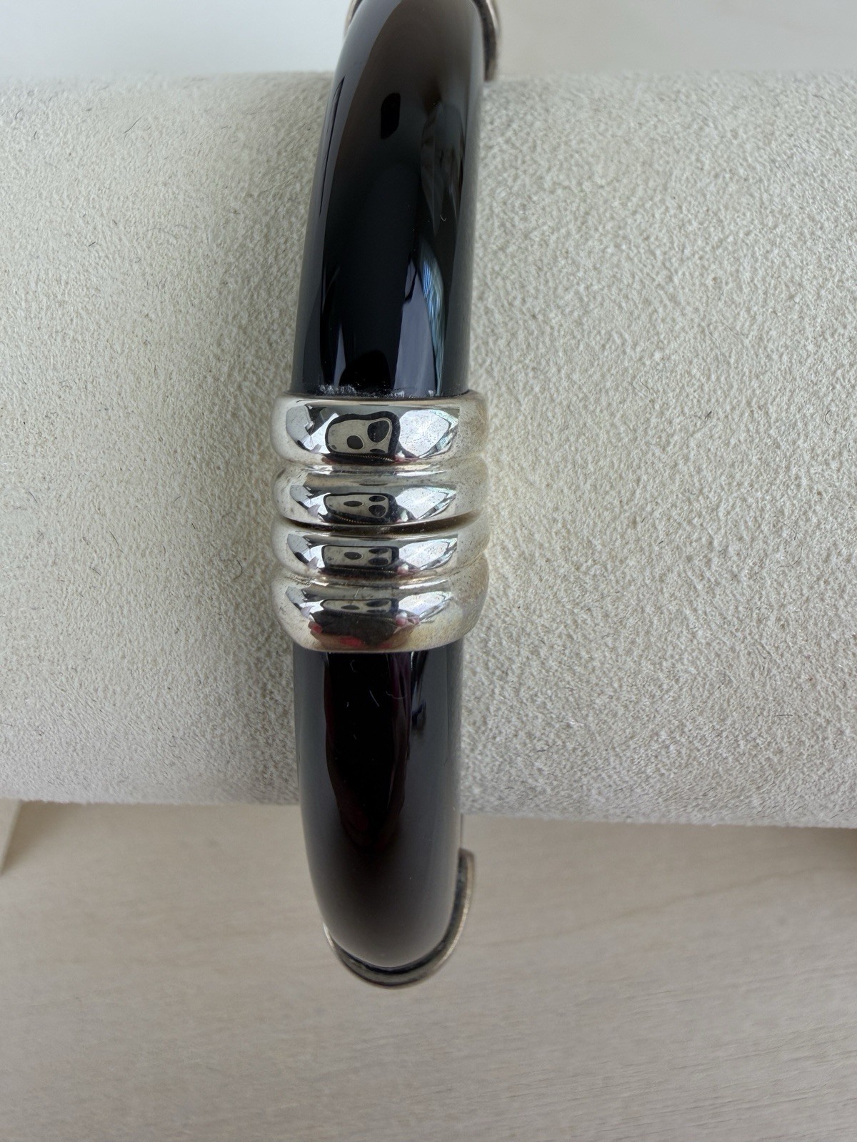 Sterling Black Onyx Hinged Bangle Bracelet 925 QVC Opaque Gemstone 7” 061702