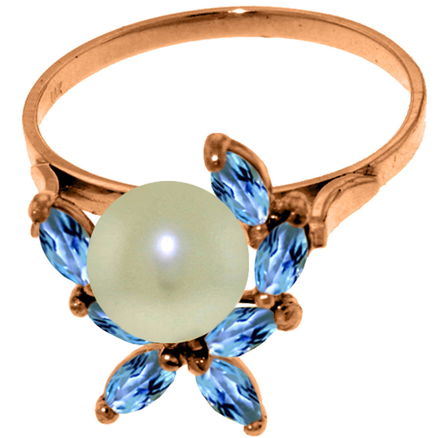Brand New 14K Solid Rose Gold Ring with Natural Blue Topaz & pearl