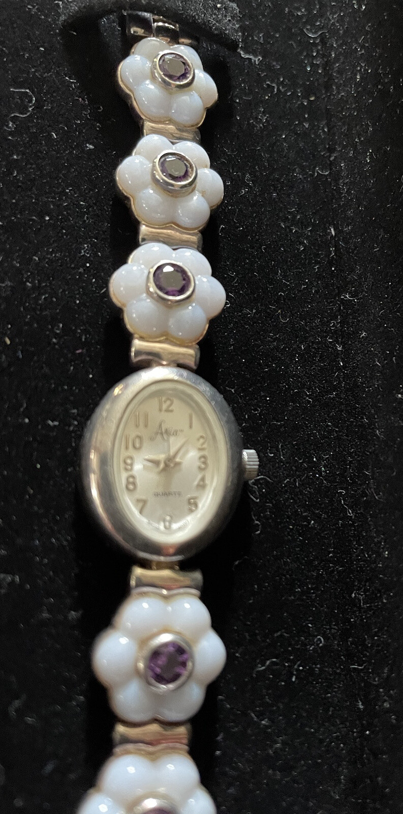 925 Sterling Silver Aria Flower amethyst center Women’s Watch 7.5”WORKS