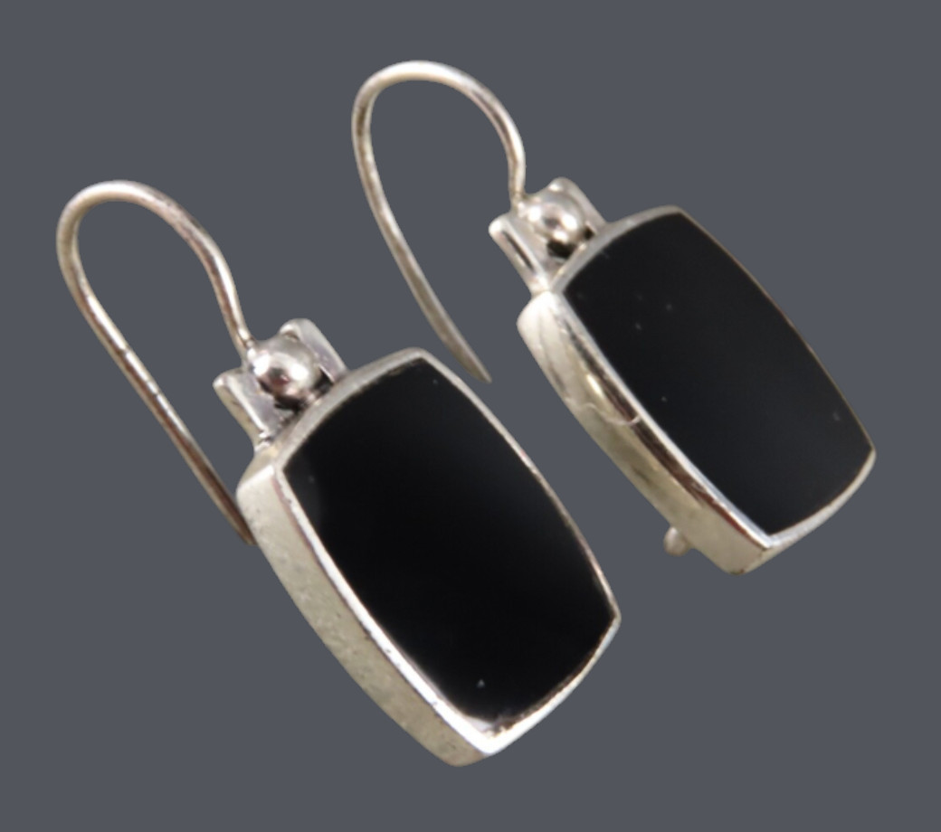 STERLING SILVER Sleek Modernist Dangle Earrings BLACK ONYX FLAT TABLET SHAPE