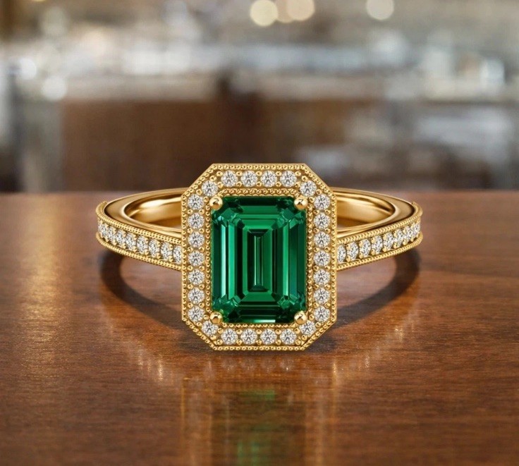 18k Solid Gold Emerald Diamond Ring Natural Zambian Emerald Ring