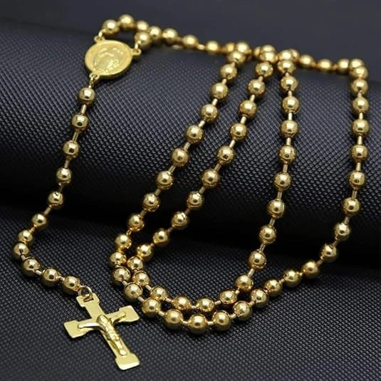 Catholic 18K Yellow Gold PlatedRosary Beads 24″Necklace Jesus Crucifix Medal Men