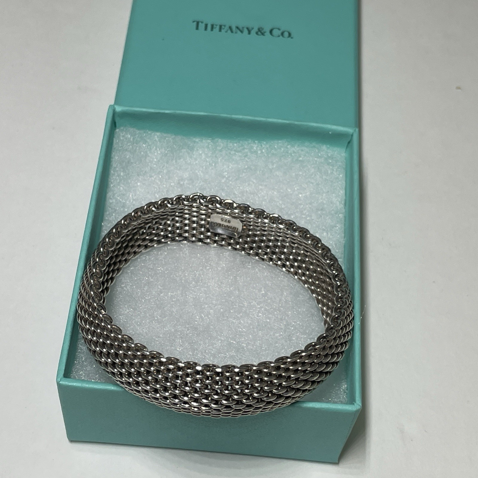Tiffany & Co. Sterling Silver 58g Mesh Somerset Bangle Bracelet 7.5” With Box