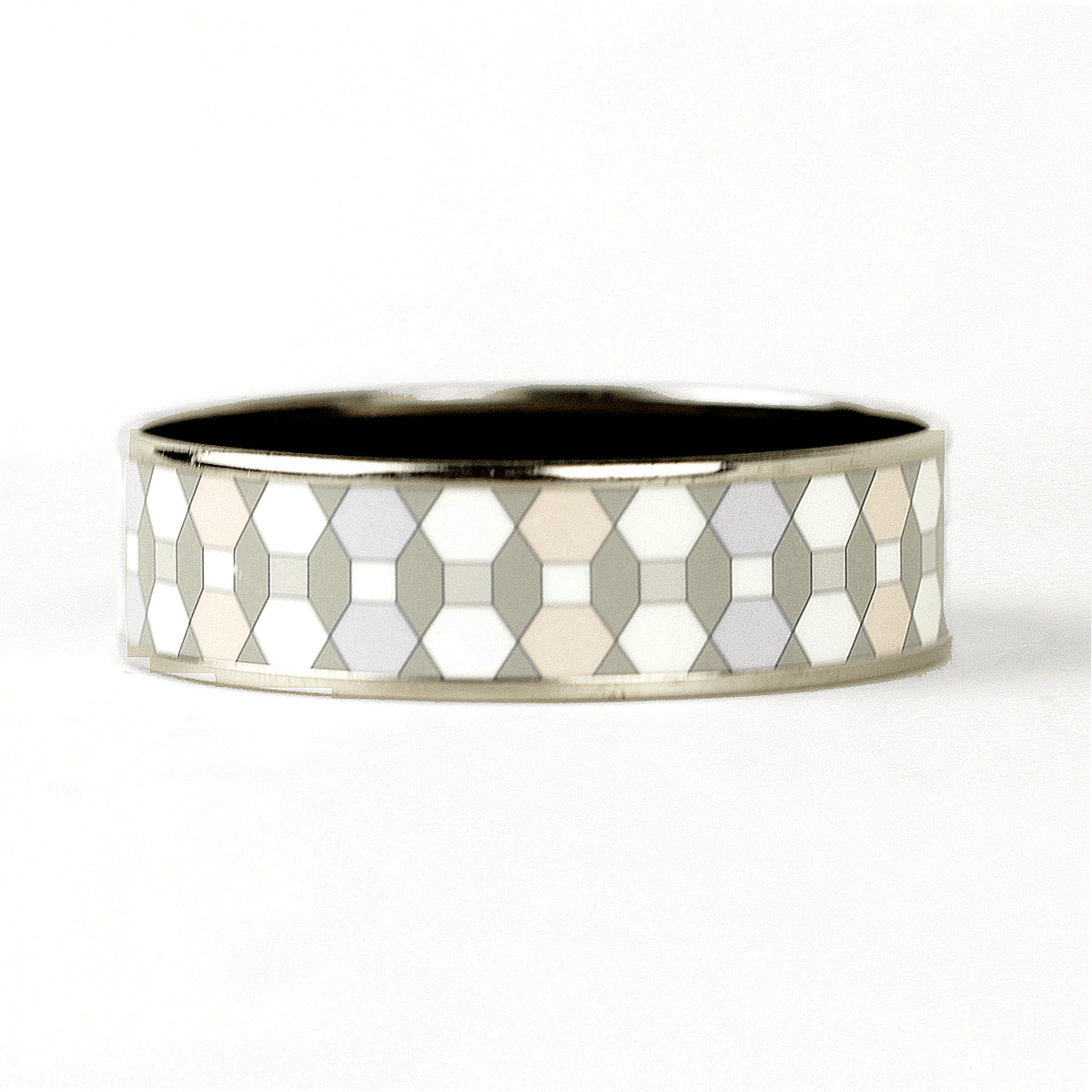 HERMES BRACELET 65 Wide Palladium-Plated Printed Enamel Bangle Geometric Pattern