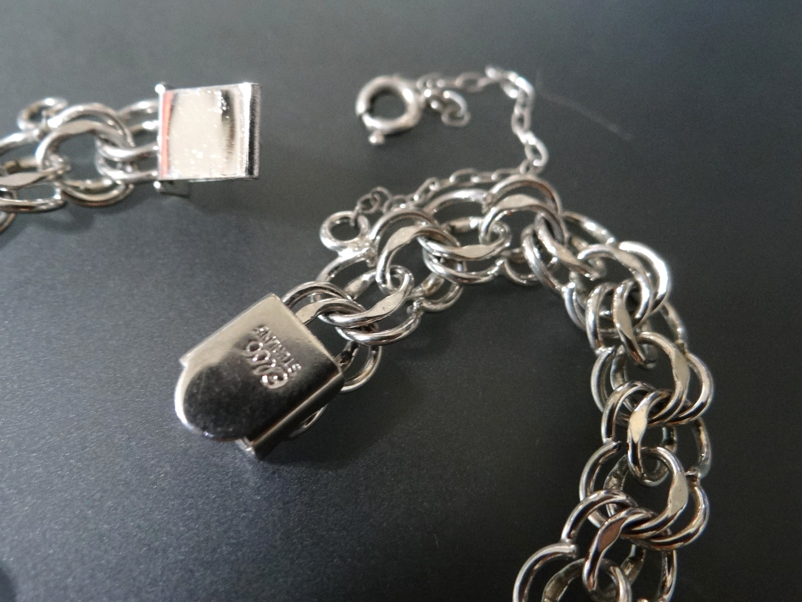 dbl fixed link Elco Sterling Silver 7.5″ Charm Bracelet w/ safety chain 12.9g