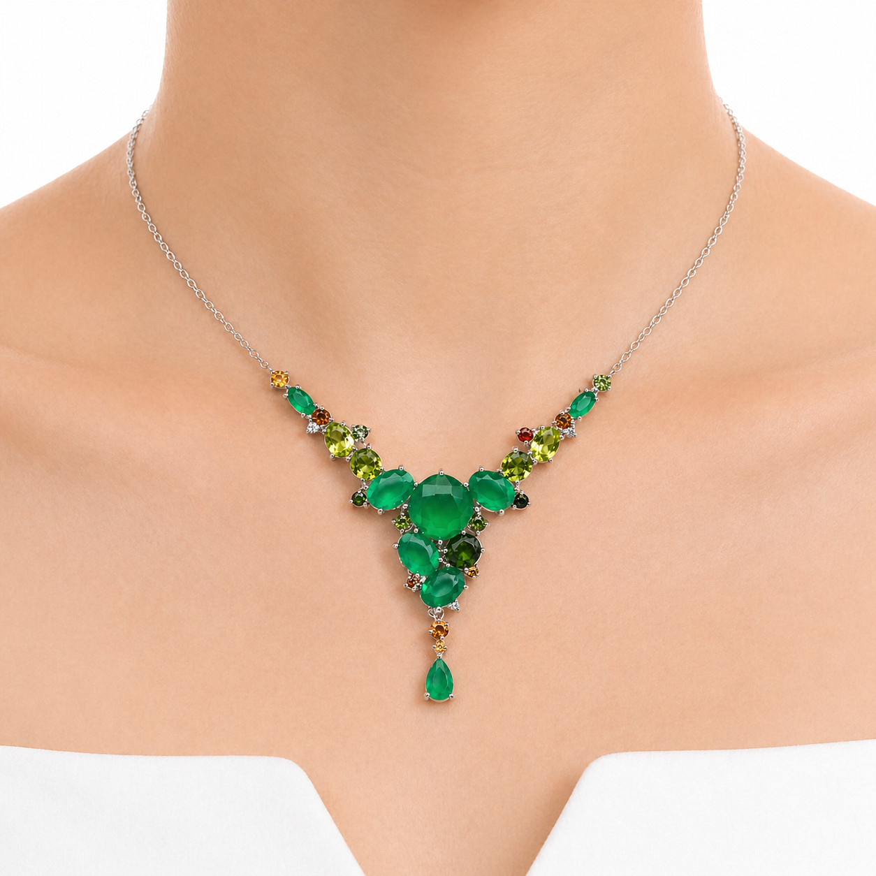 925 Sterling Silver Green Agate Peridot Sapphire Zircon Necklace 18.5 In.
