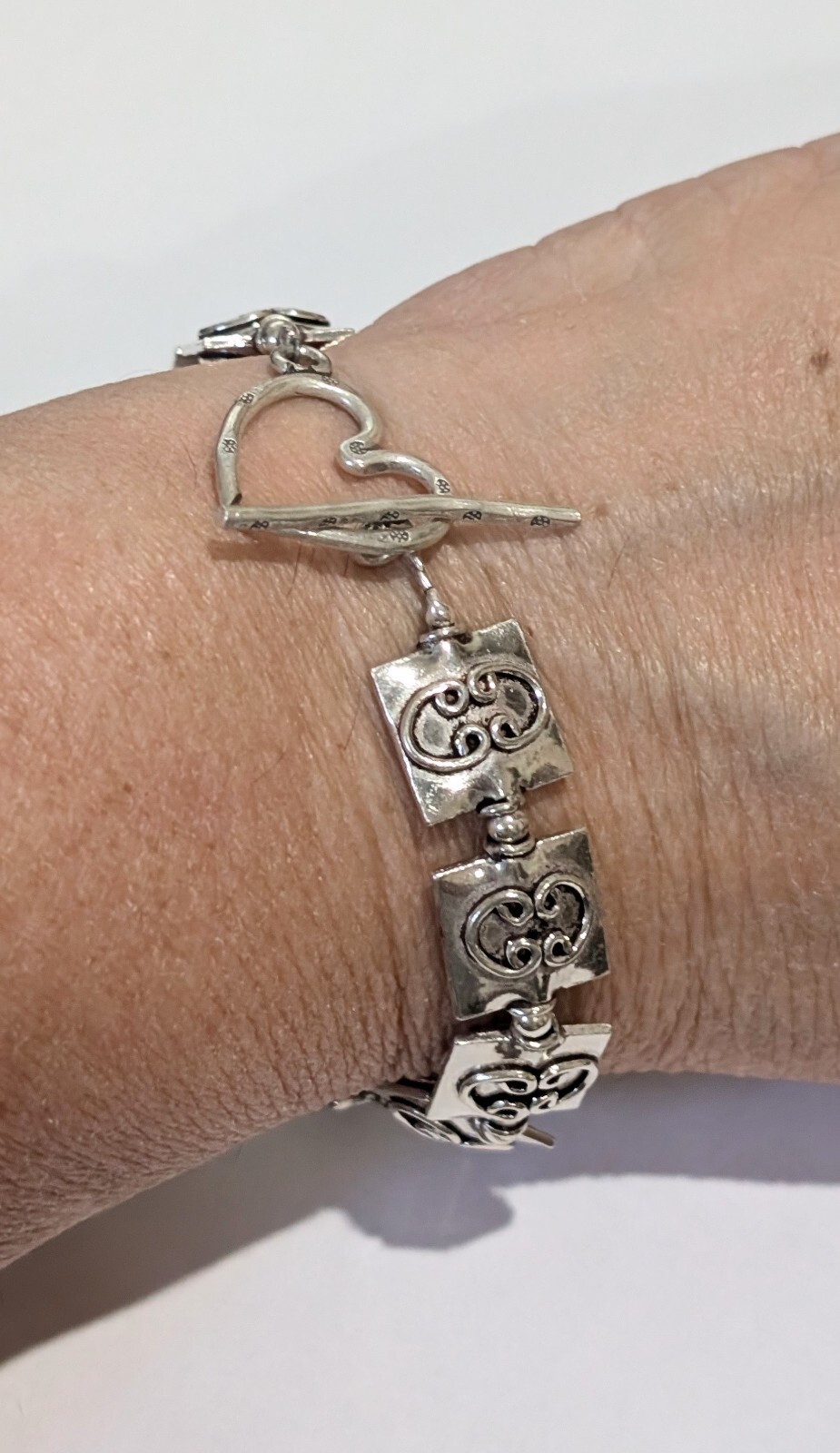 Solid Sterling Silver Heart Scroll Square Charm 8.25″ Toggle Bracelet 27 Grams