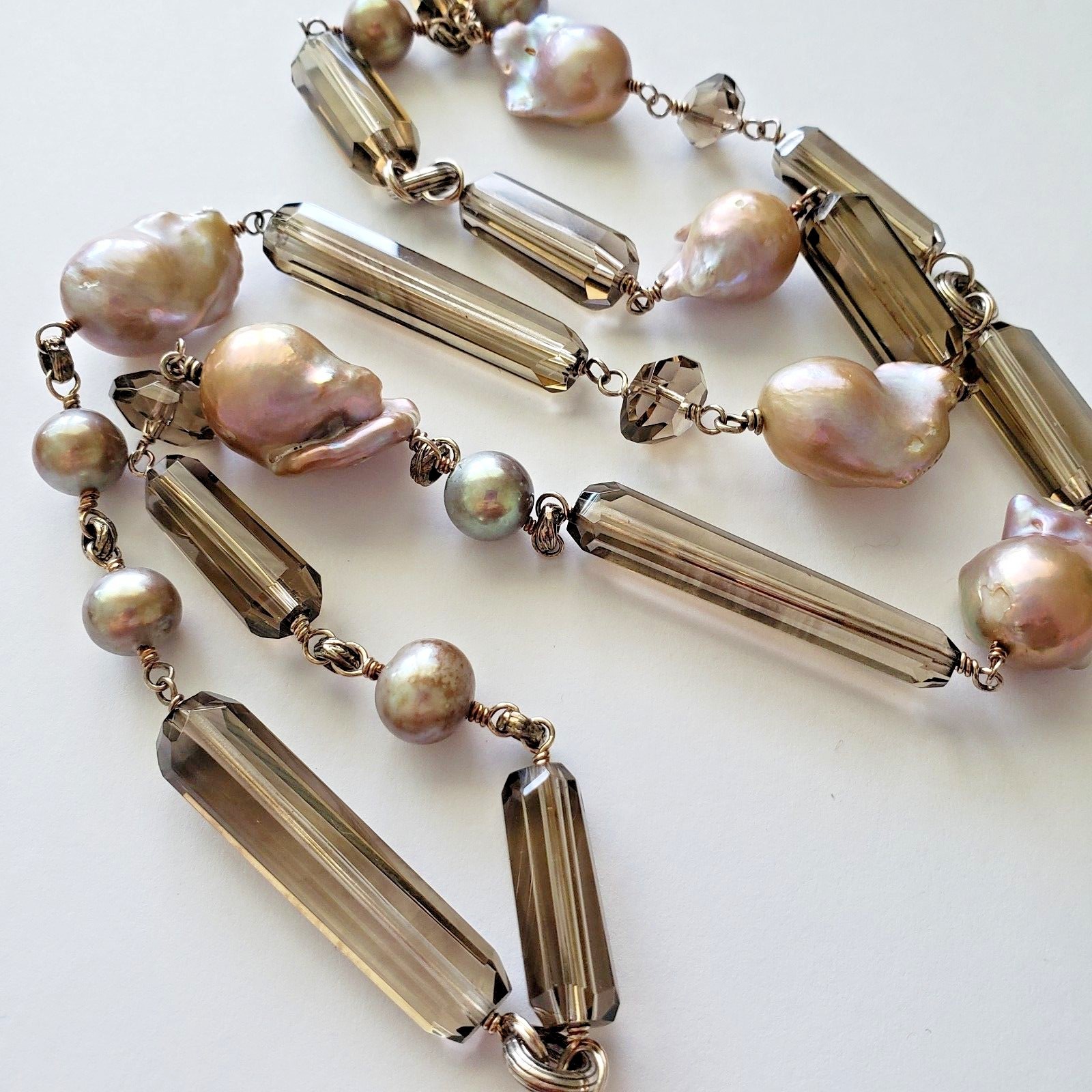 STEPHEN DWECK SS Champagne Freshwater Pearl & Smoky Quartz Necklace 30″