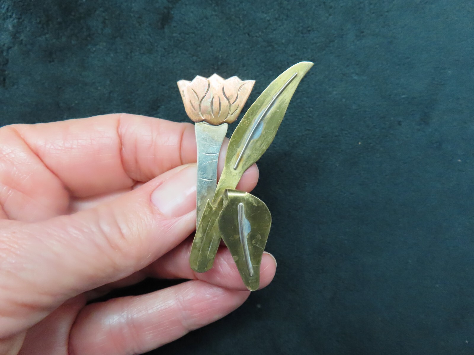 Vintage 1980’s Sterling Silver Brass & Copper Stylized Flower Brooch