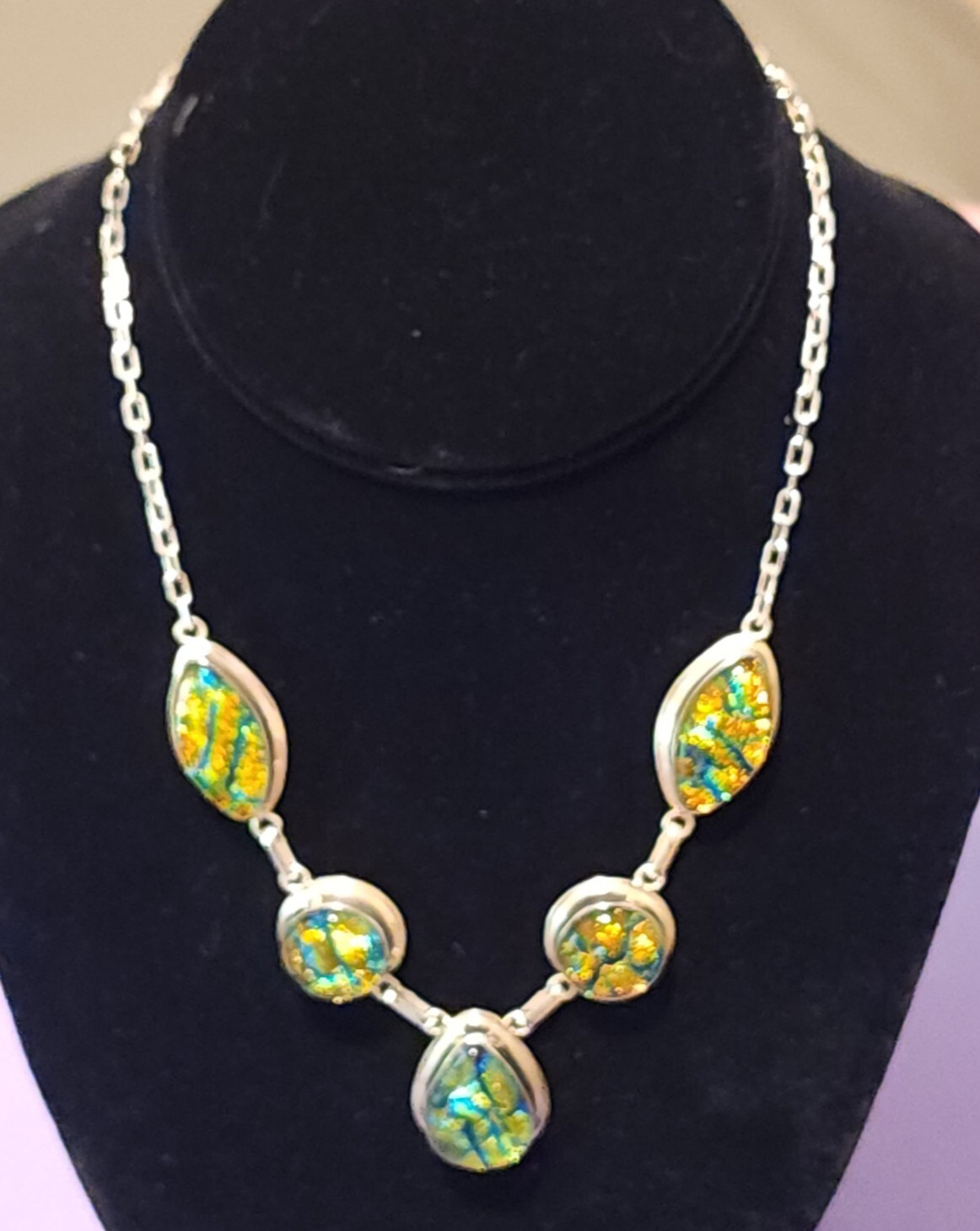 Unique Sterling Artisan 925 Necklace Dichroic Glass Bezel Teardrop Oval Links