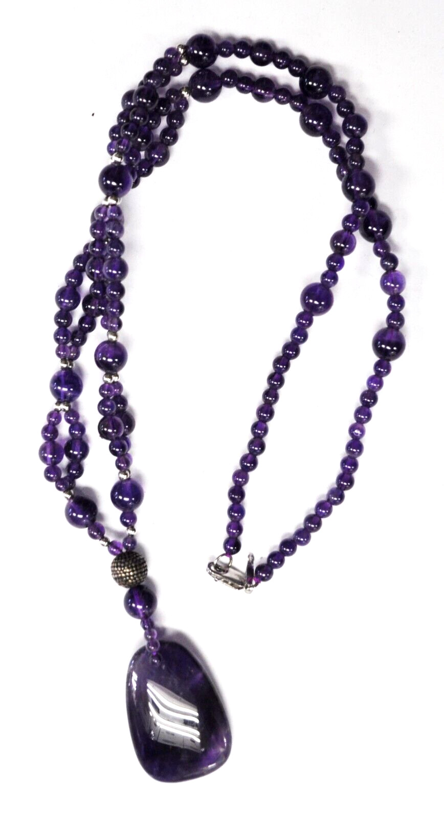 Sterling Silver Amethyst 35mm Pendant 12mm Double Bead Necklace 24″