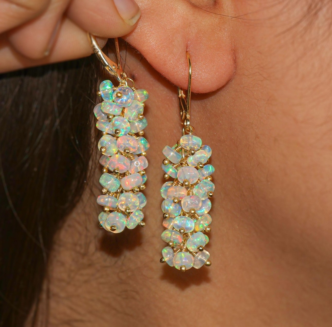 Natural Ethiopian Opal Beaded Earrings, Gold Filled Handmade Dangle Gift for Her