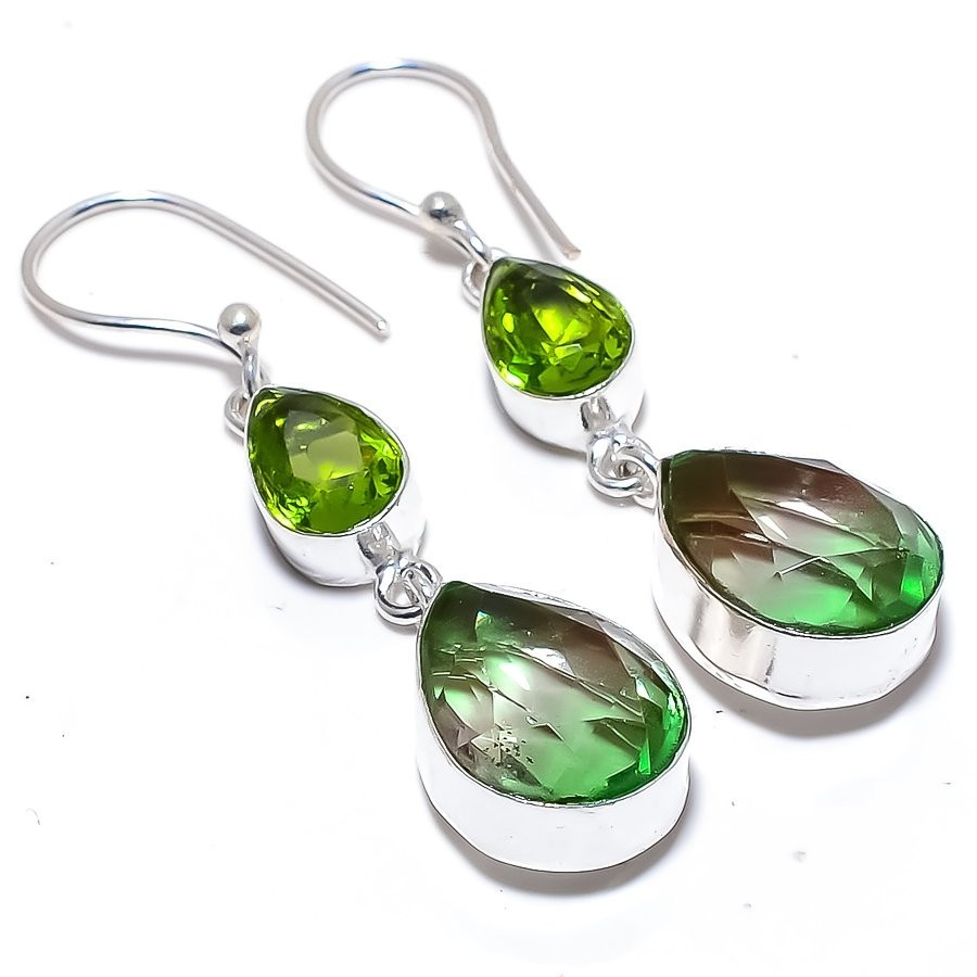 Bi Color Tourmaline Green Amethyst Earrings 925 Sterling Silver Handmade Drop