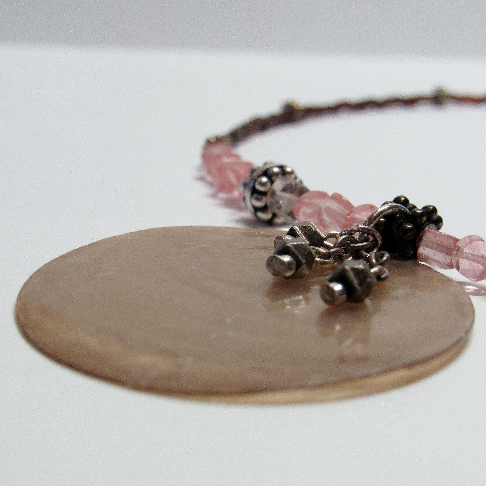 Sterling 925 Silver Adjustable Length Stone Shell Pink Tribal Beach Necklace