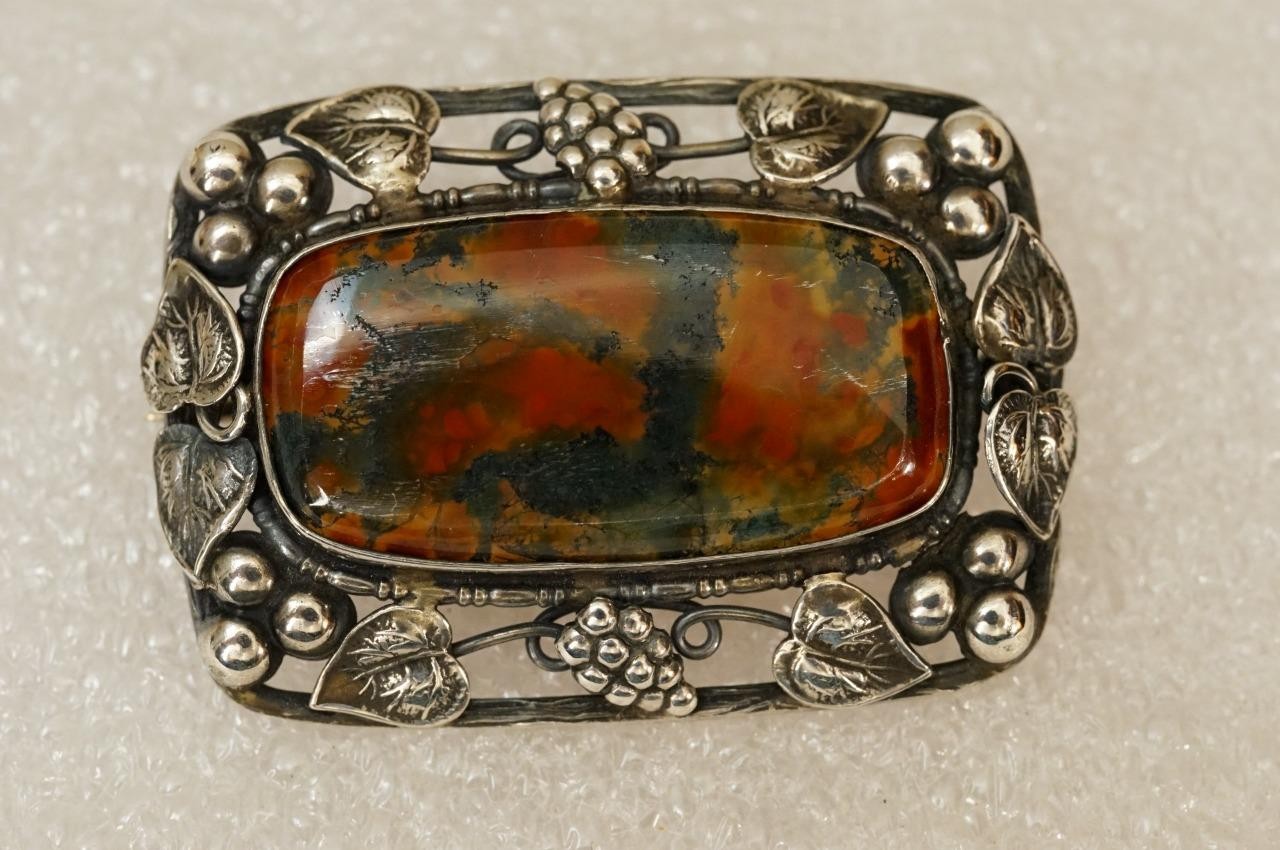 Vintage Sterling Silver Jewelry Germany Moss Agate Grape Cluster Vine Brooch Pin