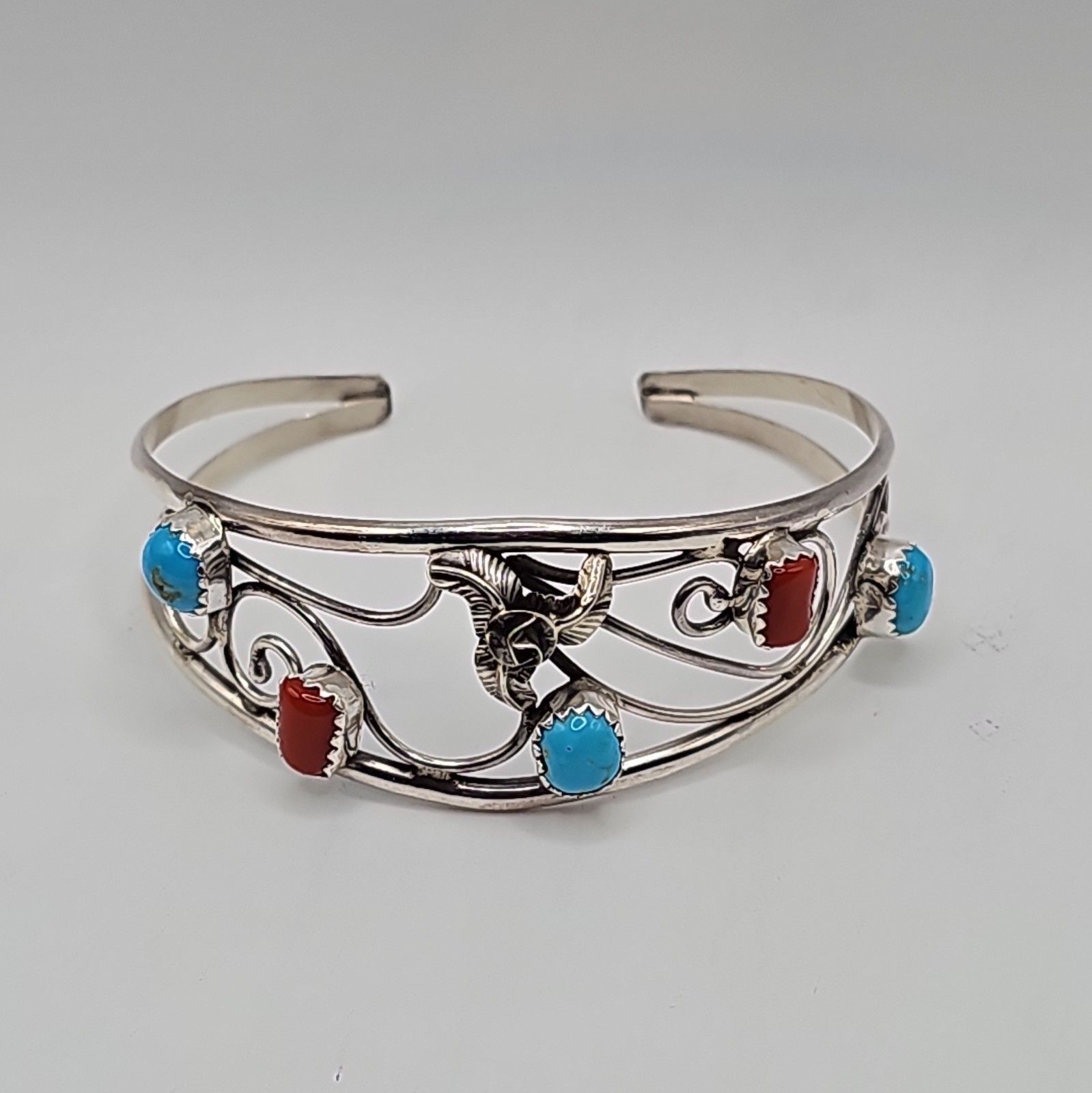 Navajo Made Sterling Silver Turquoise and Coral Cuff Bracelet Size 6.5, Signed.