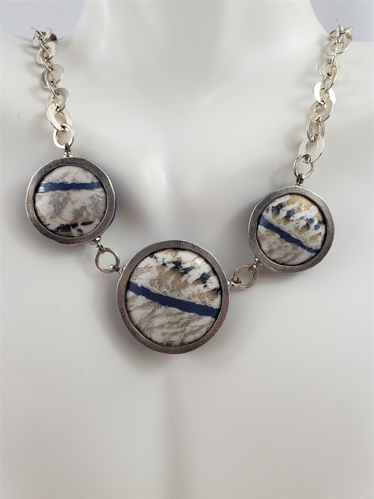 Vintage Sterling Silver Blue and Cream Floral Printed Clay Necklace 18″
