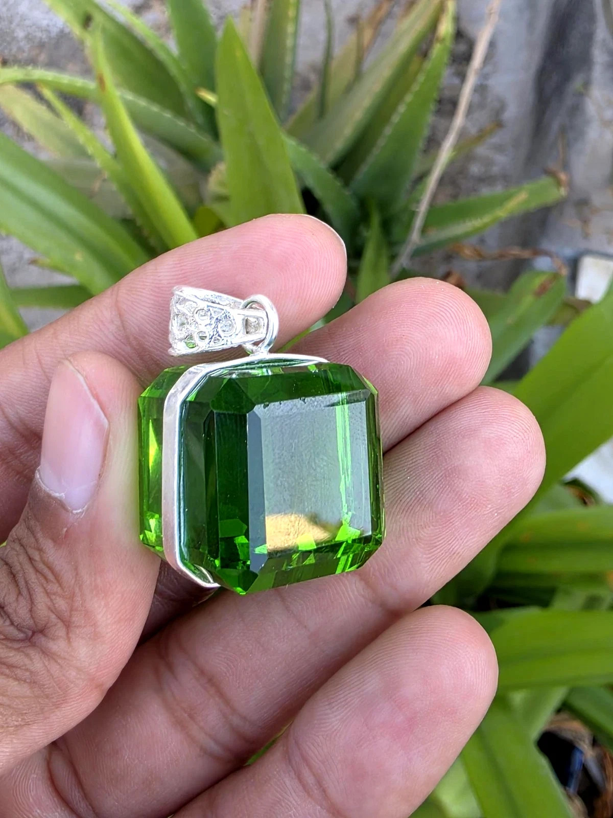 100 Ct+ Natural Green Cube Topaz 925 Solid Sterling Silver Pendant AG Gemstone