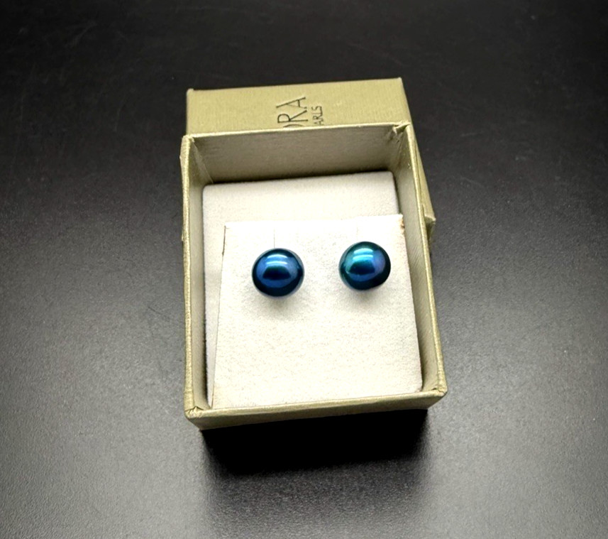 Honora STERLING SILVER PEACOCK BLUE 9MM PEARL EARRINGS NIB