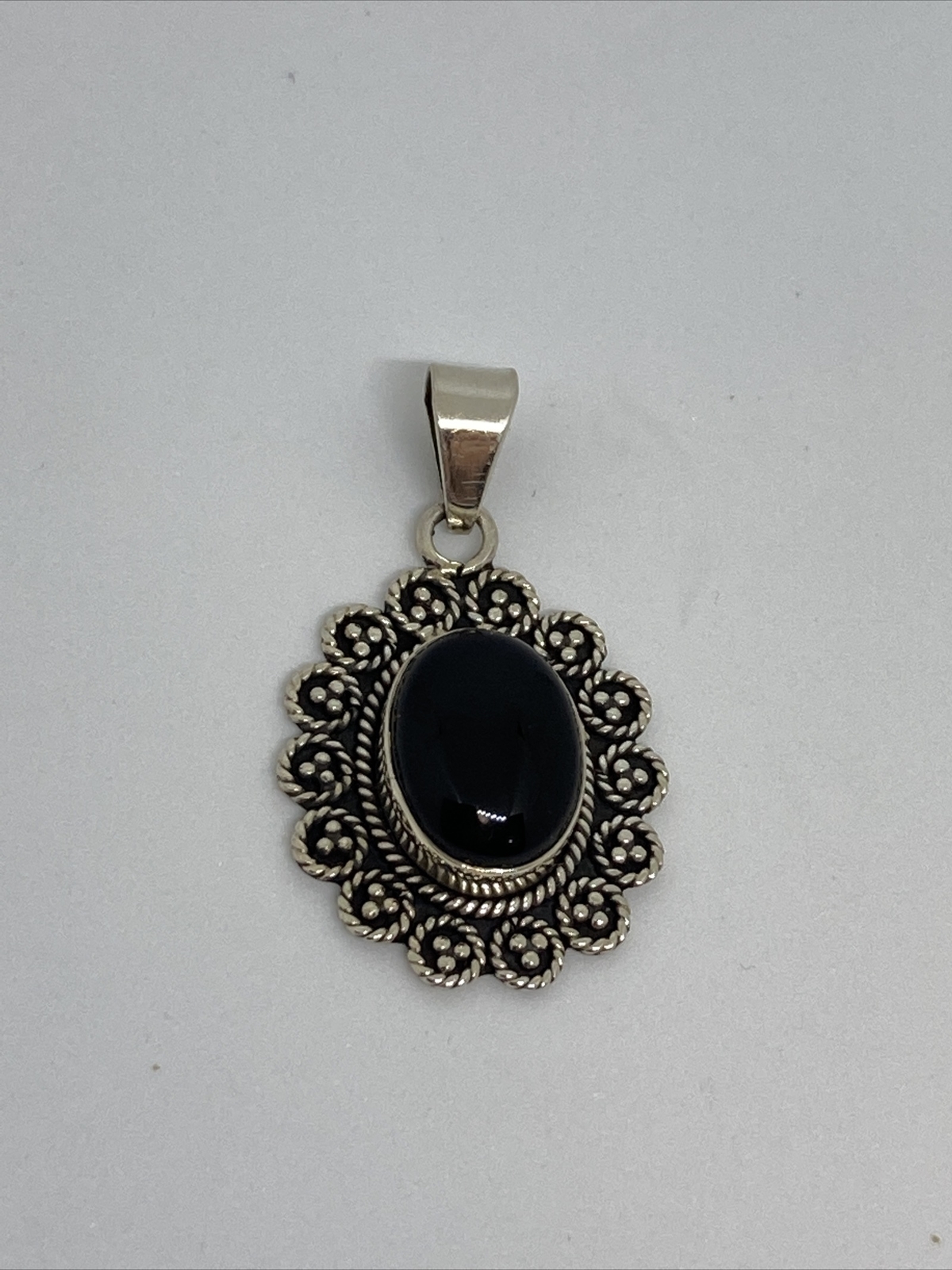 Black Onyx oval cabochon Pendant, 925 Silver, Edwardian Gift Ethnic Gypsy