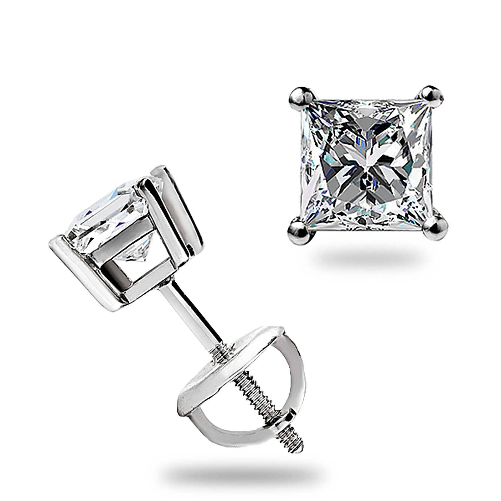 1.0 Ct Princess Cut GRA MOISSANITE Stud Earrings 14K White Gold Screw back Gift