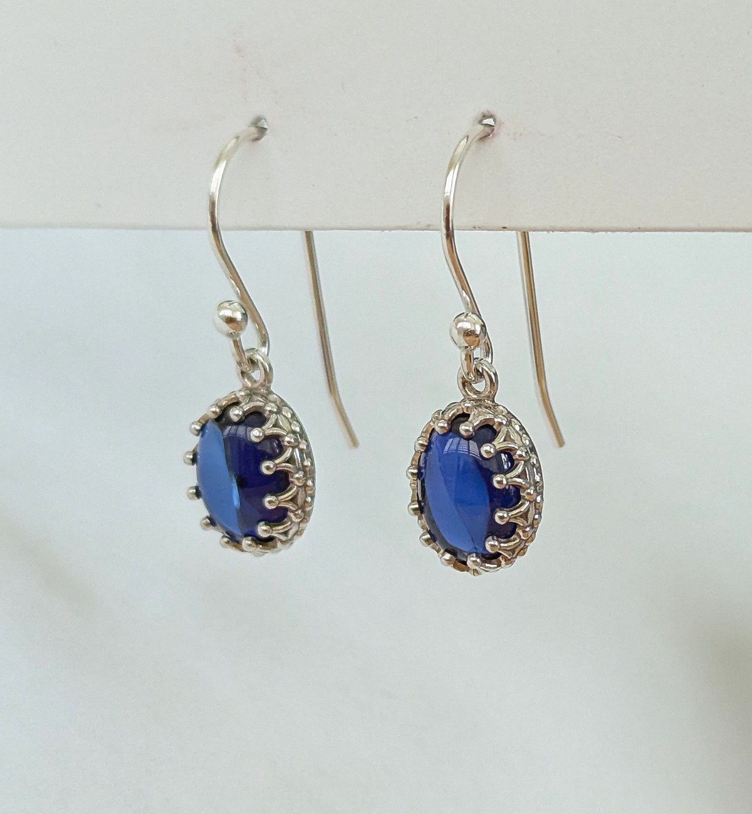 Blue Sapphire Cabochon (Lab-Created) 925 Sterling Silver Drop Earrings